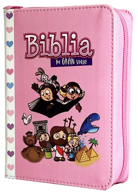 Biblia para niños Mi Gran Viaje RVR60 tamaño bolsillo i/piel con cierre Rosa claro