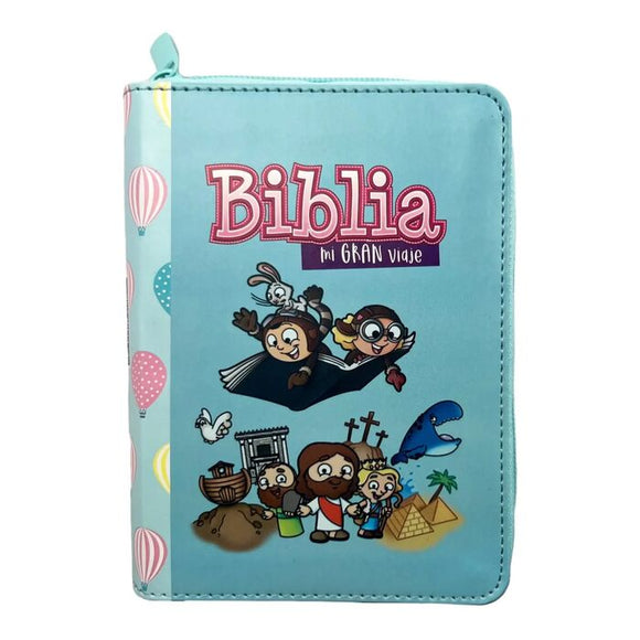 Biblia para niños Mi Gran Viaje RVR60 tamaño bolsillo i/piel con cierre azul con globos